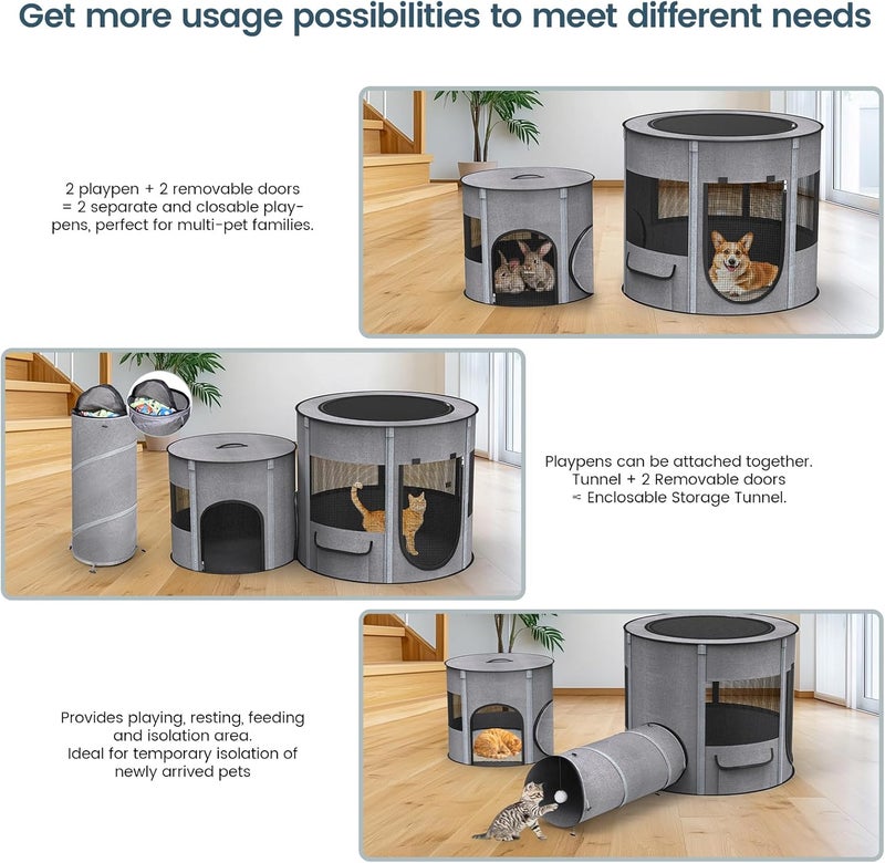 PETOCAT Portable Cat Playpen with Tunnel, 3 in 1 Foldable Puppy Play Pen, Waterproof Bottom, Enclosed 2-Room Separable Pet Tent for Indoor/Outdoor, Multi-Purpose Enclosure Crate Cage for Kitten Dog Rabbit - Image 3