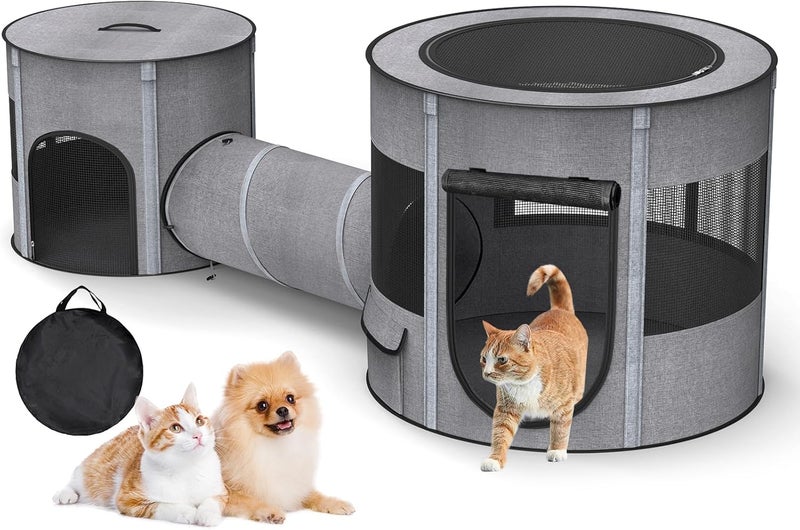 PETOCAT Portable Cat Playpen with Tunnel, 3 in 1 Foldable Puppy Play Pen, Waterproof Bottom, Enclosed 2-Room Separable Pet Tent for Indoor/Outdoor, Multi-Purpose Enclosure Crate Cage for Kitten Dog Rabbit - Image 1
