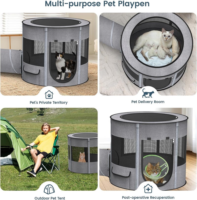 PETOCAT Portable Cat Playpen with Tunnel, 3 in 1 Foldable Puppy Play Pen, Waterproof Bottom, Enclosed 2-Room Separable Pet Tent for Indoor/Outdoor, Multi-Purpose Enclosure Crate Cage for Kitten Dog Rabbit - Image 5