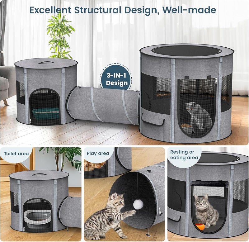 PETOCAT Portable Cat Playpen with Tunnel, 3 in 1 Foldable Puppy Play Pen, Waterproof Bottom, Enclosed 2-Room Separable Pet Tent for Indoor/Outdoor, Multi-Purpose Enclosure Crate Cage for Kitten Dog Rabbit - Image 4