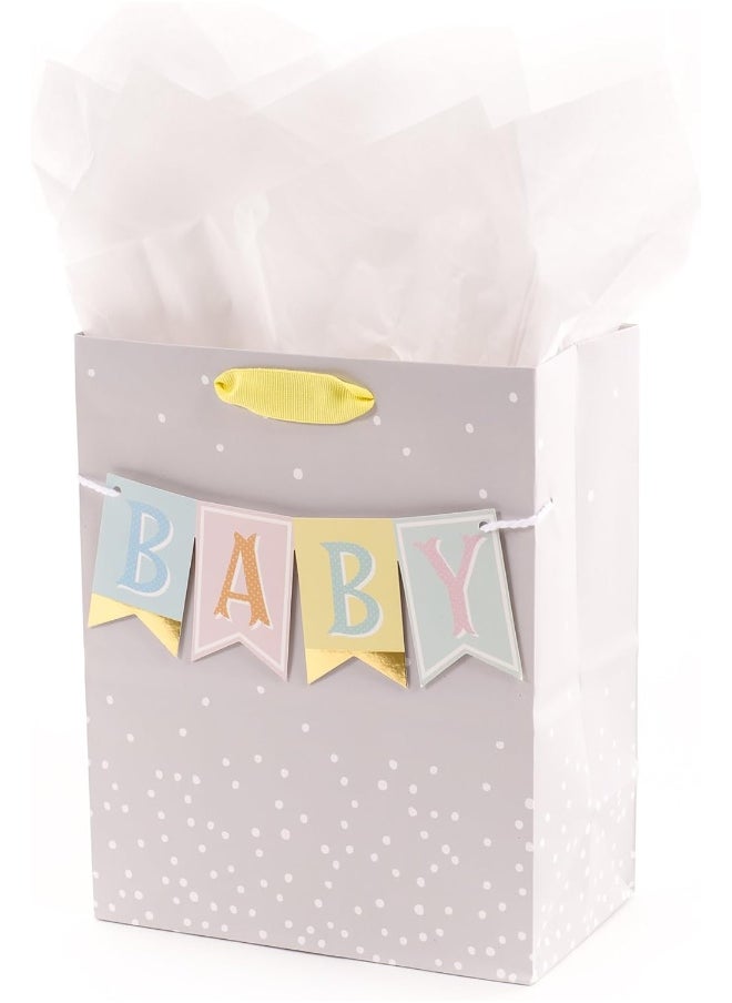 Hallmark Hallmark 9" Medium Baby Gift Bag with Tissue Paper - Baby Banner in Grey, Pink and Blue for Baby Showers, New Parents, and More  - Image 1