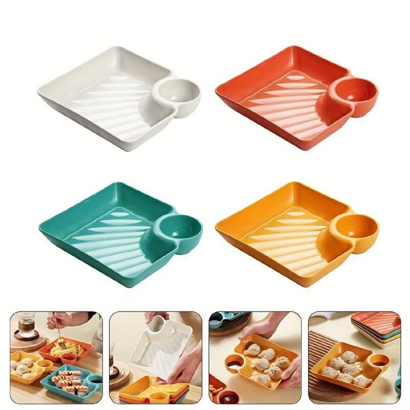 Krivety Dumpling Plate Dumpling Plate with Sauce Dish Design Versatile Easy to Clean Snacks Desserts Sushi Tray Kitchen Tableware Sauce Storage Tray Pack of 4 - Image 1