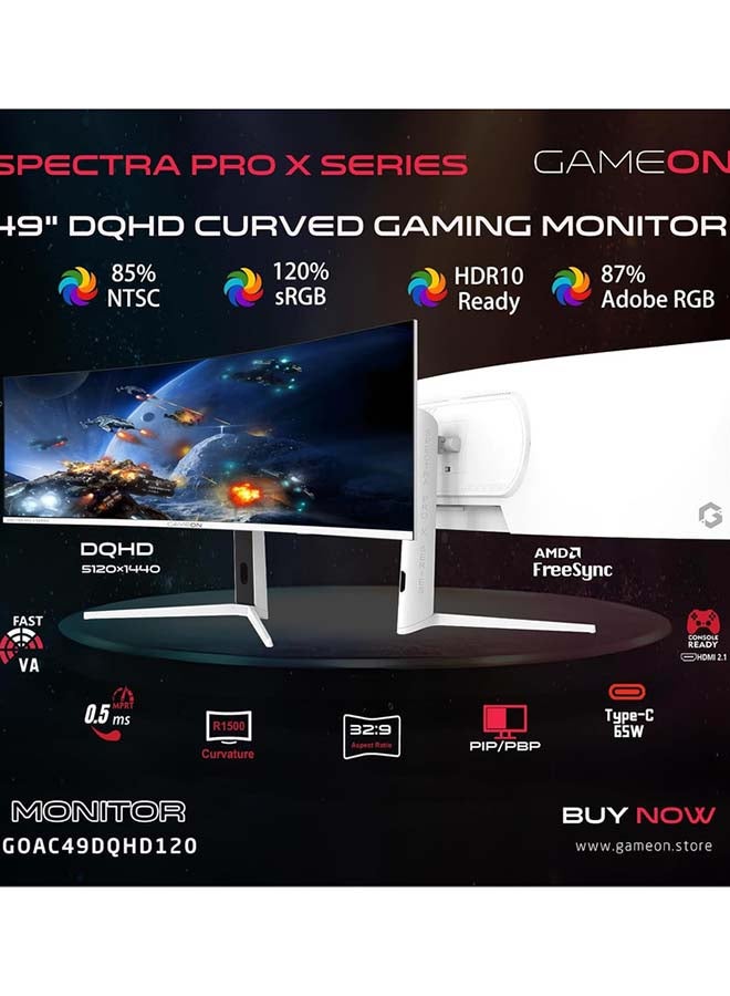 GAMEON 49-inch Curved Gaming Monitor, VA Display, DQHD Resolution, 120Hz Refresh Rate, 0.5ms (MPRT) Response Time, FreeSync & Adaptive Sync | GOAC49DQHD120 White - Image 3