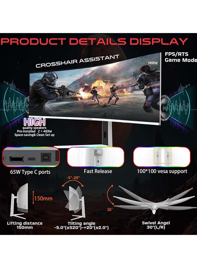 GAMEON 49-inch Curved Gaming Monitor, VA Display, DQHD Resolution, 120Hz Refresh Rate, 0.5ms (MPRT) Response Time, FreeSync & Adaptive Sync | GOAC49DQHD120 White - Image 5