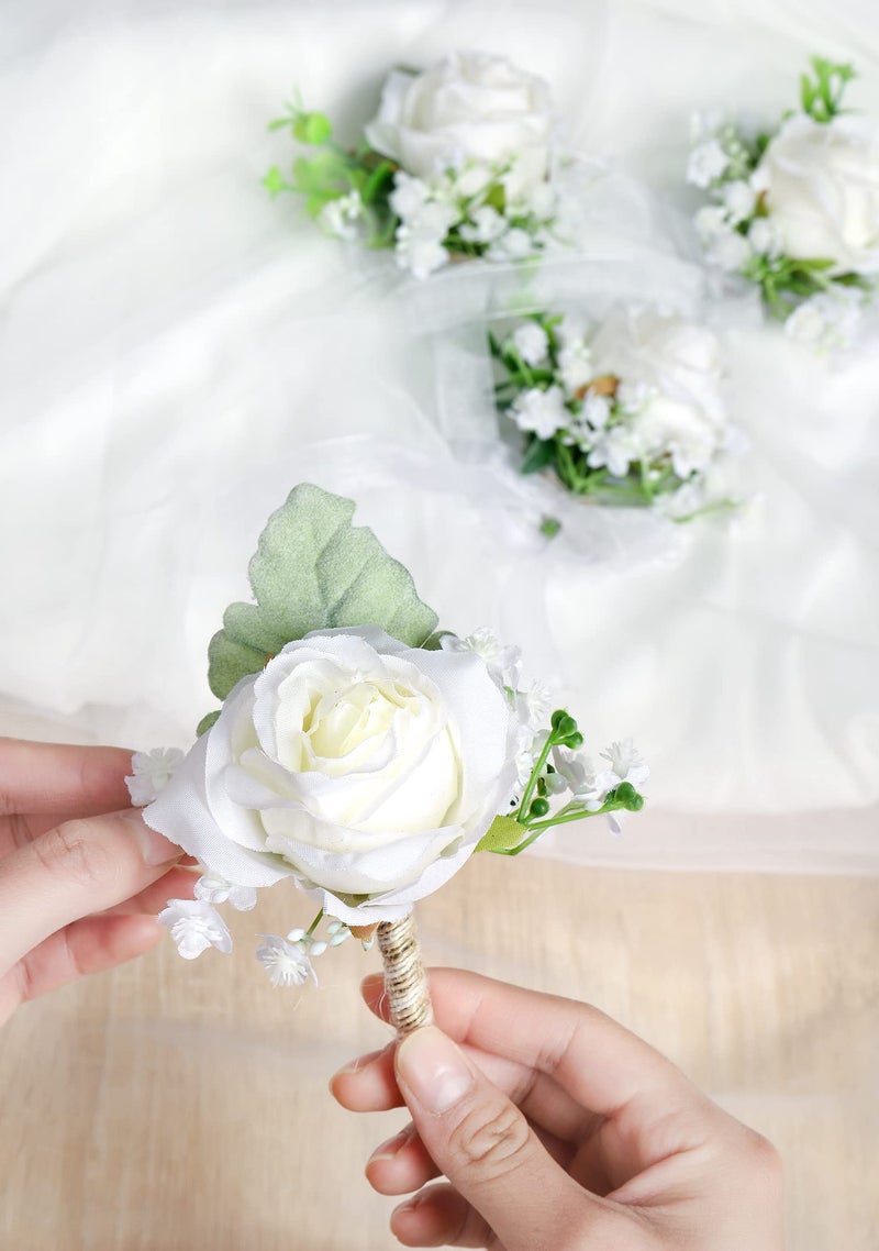 YSUCAU Corsage and Boutonniere Set  Ivory Rose Boutonniere  Prom Flower Wrist Corsage Bracelets  Homecoming Corsage Wristlet  Men Boutonniere for Wedding Flowers Accessories Prom Suit Decorations - Image 3