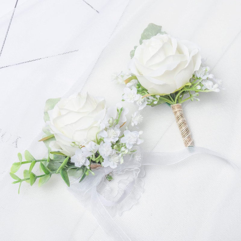 YSUCAU Corsage and Boutonniere Set  Ivory Rose Boutonniere  Prom Flower Wrist Corsage Bracelets  Homecoming Corsage Wristlet  Men Boutonniere for Wedding Flowers Accessories Prom Suit Decorations - Image 2