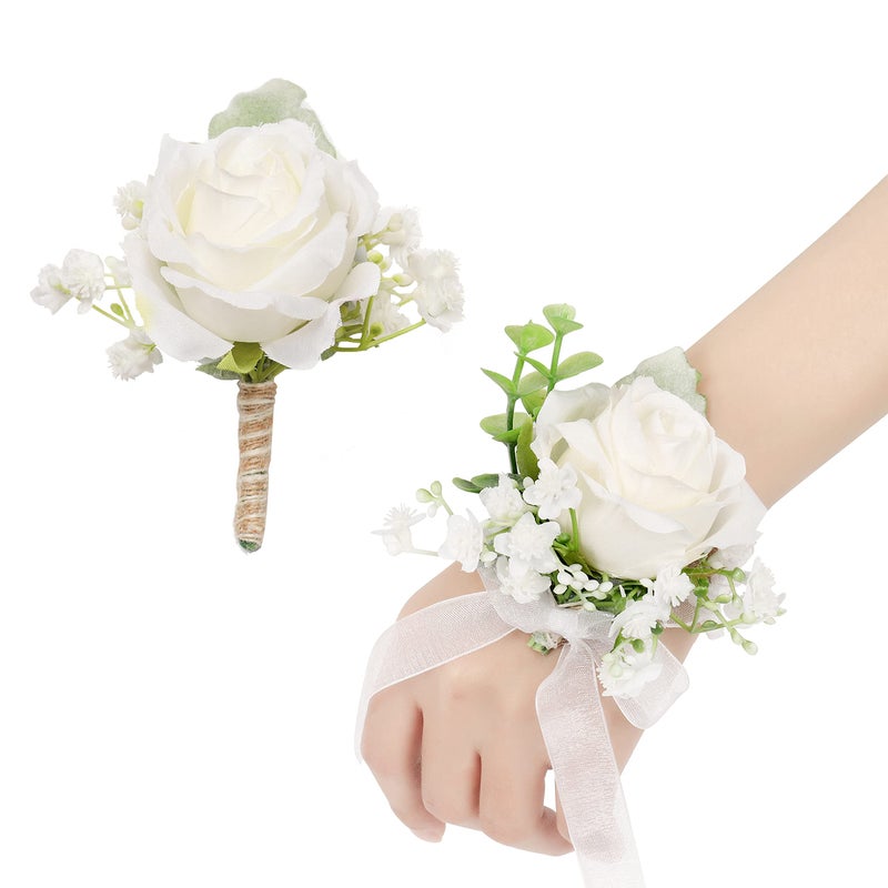 YSUCAU Corsage and Boutonniere Set  Ivory Rose Boutonniere  Prom Flower Wrist Corsage Bracelets  Homecoming Corsage Wristlet  Men Boutonniere for Wedding Flowers Accessories Prom Suit Decorations - Image 1