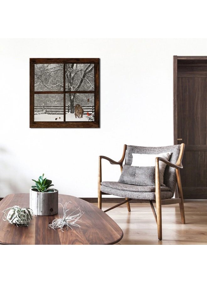 Premium Nature Canvas Prints Wall Art,Glimpse into Deer and Cardinal in Snowstorm out of Grunge Window,Winter Landscape Painting Modern Wall Decor,Framed Artwork Ready to Hang - 24"x24"  - Image 3