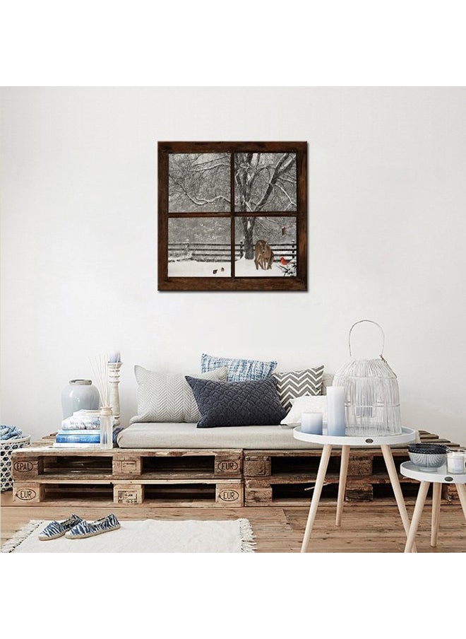 Premium Nature Canvas Prints Wall Art,Glimpse into Deer and Cardinal in Snowstorm out of Grunge Window,Winter Landscape Painting Modern Wall Decor,Framed Artwork Ready to Hang - 24"x24"  - Image 2