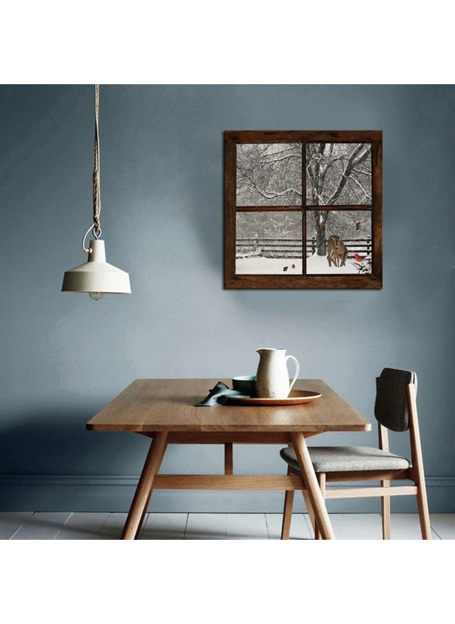 Premium Nature Canvas Prints Wall Art,Glimpse into Deer and Cardinal in Snowstorm out of Grunge Window,Winter Landscape Painting Modern Wall Decor,Framed Artwork Ready to Hang - 24"x24"  - Image 5
