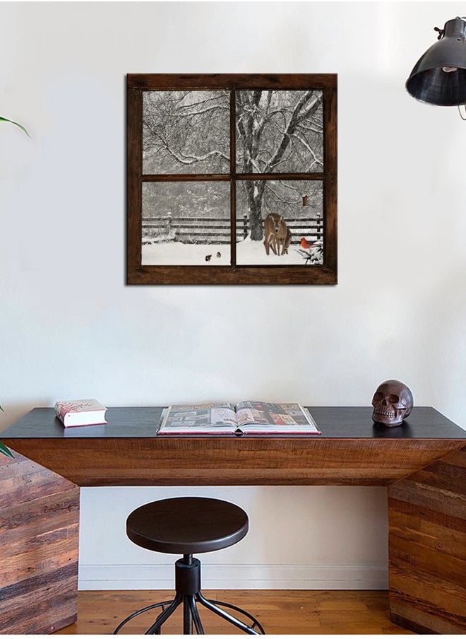 Premium Nature Canvas Prints Wall Art,Glimpse into Deer and Cardinal in Snowstorm out of Grunge Window,Winter Landscape Painting Modern Wall Decor,Framed Artwork Ready to Hang - 24"x24"  - Image 4