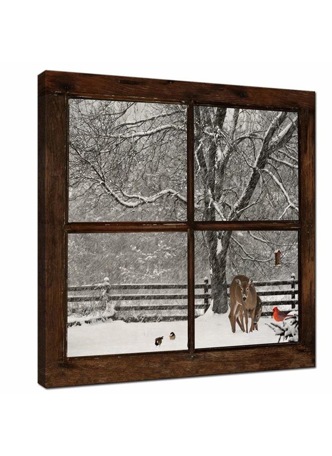 Premium Nature Canvas Prints Wall Art,Glimpse into Deer and Cardinal in Snowstorm out of Grunge Window,Winter Landscape Painting Modern Wall Decor,Framed Artwork Ready to Hang - 24"x24"  - Image 1