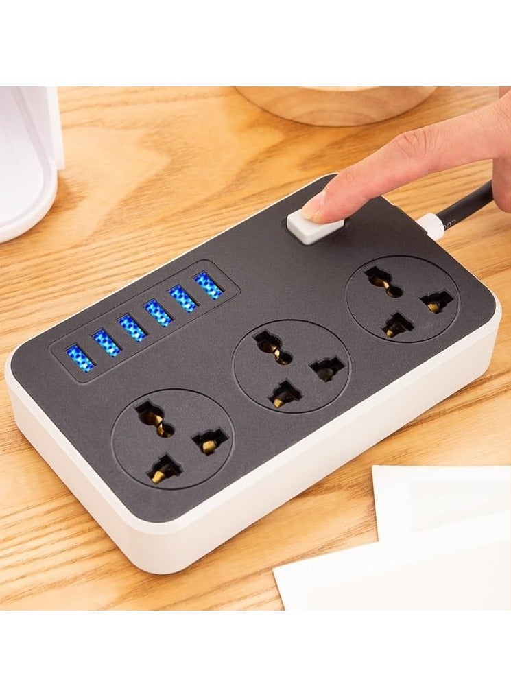 FLOWING Power Strips Extension Cord 3 Outlets, Power Socket with 6 USB Ports Universal Charging Socket with 2M Bold Extension Cord - Image 1