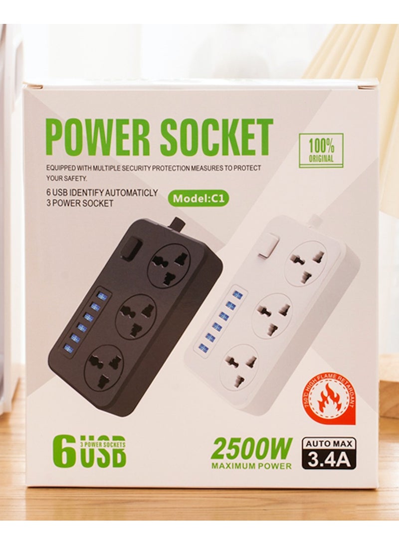 FLOWING Power Strips Extension Cord 3 Outlets, Power Socket with 6 USB Ports Universal Charging Socket with 2M Bold Extension Cord - Image 3