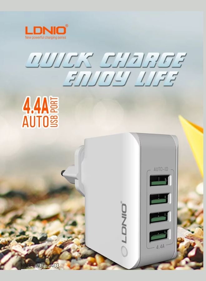 LDNIO شاحن USB 4 منافذ، شاحن PowerPort 4 Lite مع شاحن سفر بموصل بريطاني، محول لـ iPhone 16/15/14/13/12/11/XS/XS Max/XR/X/8، Galaxy S8/Note 3، iPad Air 2/mini 3، وأكثر باللون الأبيض - Image 3