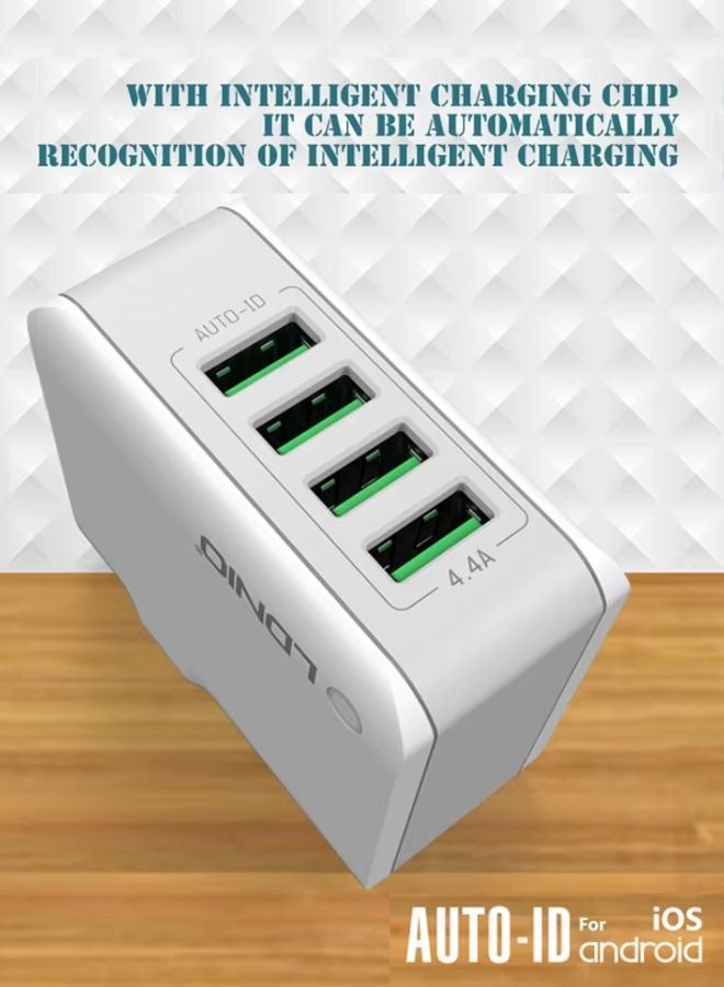 LDNIO شاحن USB 4 منافذ، شاحن PowerPort 4 Lite مع شاحن سفر بموصل بريطاني، محول لـ iPhone 16/15/14/13/12/11/XS/XS Max/XR/X/8، Galaxy S8/Note 3، iPad Air 2/mini 3، وأكثر باللون الأبيض - Image 4