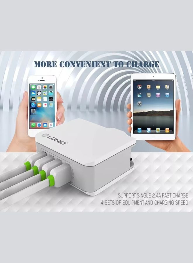 LDNIO شاحن USB 4 منافذ، شاحن PowerPort 4 Lite مع شاحن سفر بموصل بريطاني، محول لـ iPhone 16/15/14/13/12/11/XS/XS Max/XR/X/8، Galaxy S8/Note 3، iPad Air 2/mini 3، وأكثر باللون الأبيض - Image 5