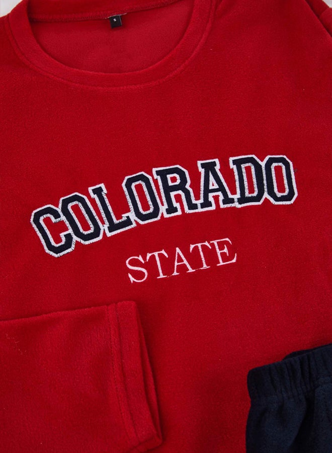 trendyol Burgundy Regular Cut Slogan Embroidered Fleece/Winter Pajama Set - Image 3