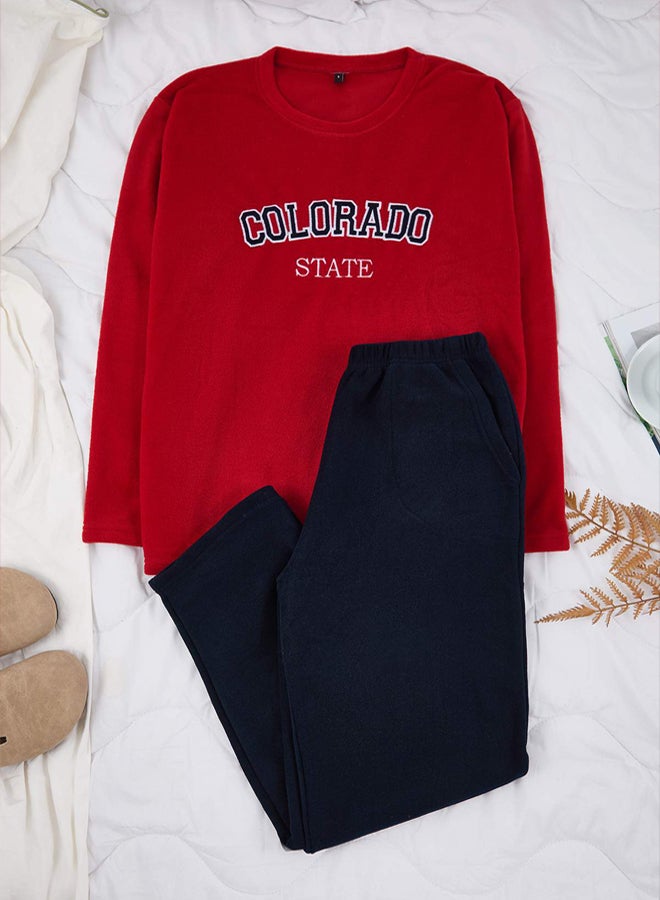 trendyol Burgundy Regular Cut Slogan Embroidered Fleece/Winter Pajama Set - Image 1