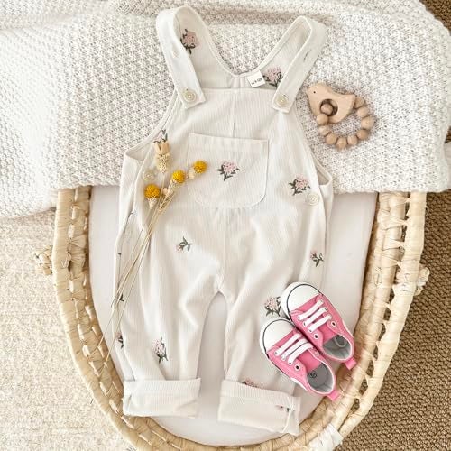 Korago Baby Girl Overalls Corduroy with Floral Embroidery,Beige Toddler Jumpsuit Romper,Soft Overall for Girls (6 Months-3T) (US, Age, 12 Months, Beige) - Image 3