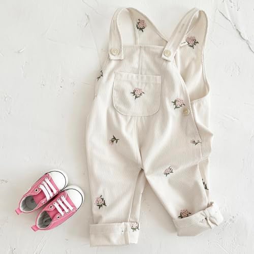 Korago Baby Girl Overalls Corduroy with Floral Embroidery,Beige Toddler Jumpsuit Romper,Soft Overall for Girls (6 Months-3T) (US, Age, 12 Months, Beige) - Image 4