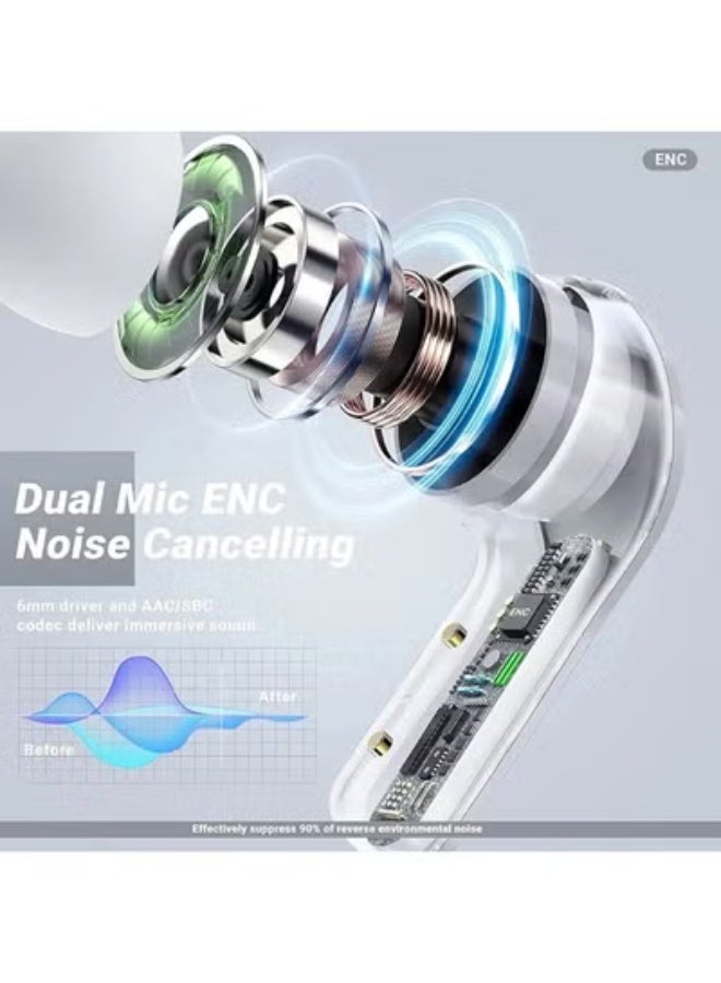 سماعات أذن لاسلكية بتصميم كريستالي، سماعات أذن شفافة مع صوت جهير عميق، صوت ستيريو، سماعة بلوتوث مع علبة شحن، (أبيض) - Image 2