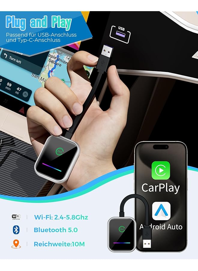KASTWAVE Android Car & Carplay Wireless Adapter, 2 In 1 Mini Wireless Adapter For Wired Android Car/Carplay Convert To Wireless, Usb/Type C Plug And Play, Stable Automatic Connection - Image 3