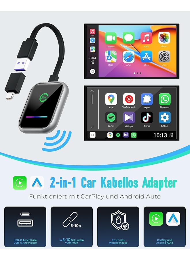 KASTWAVE Android Car & Carplay Wireless Adapter, 2 In 1 Mini Wireless Adapter For Wired Android Car/Carplay Convert To Wireless, Usb/Type C Plug And Play, Stable Automatic Connection - Image 2