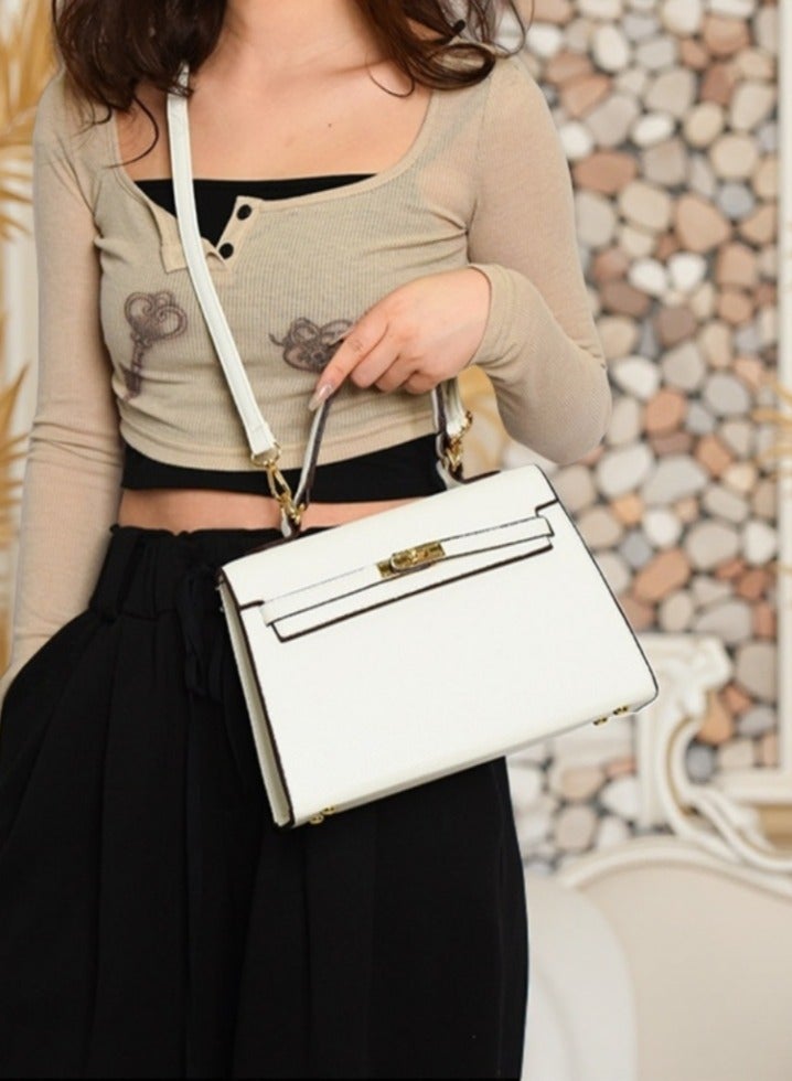 White PU Handbag for Women - Lightweight Shoulder Bag & Crossbody Purse - 27cm Large Capacity Tote - Dubai Fashion Daily Use - Image 2