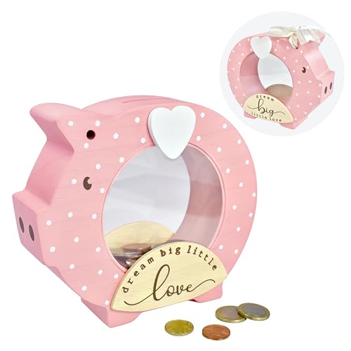Im Solid Wood Piggy Bank Coin Bank Savings Money Bank Adorable Gifts for Baby Girl Birthday Girls Kids Child to Cherish Baby Shower Keepsakes Nursery Dcor Dream Big Little Love Dot Pink - Image 1