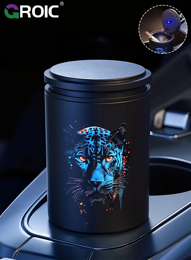 GROIC Car Ashtray, Portable Ashtray for Vehicle Cup Holders, Windproof Odor-Proof Car Interior Accessory with Anti-Spill Design, Black Panther Car Ashtray with Lid, Mini Metal Bin,  Small Garbage Can - Image 1