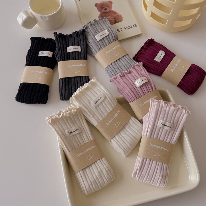 Socks Women'S New Sweet Wood-Ear Vertical Strip Pile Socks Cotton Ins Trendy Double Needle Cloth Label Zhuji Mid-Tube Socks - Image 5