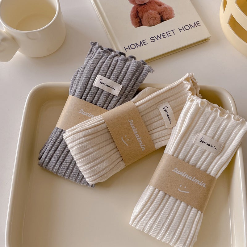 Socks Women'S New Sweet Wood-Ear Vertical Strip Pile Socks Cotton Ins Trendy Double Needle Cloth Label Zhuji Mid-Tube Socks - Image 3
