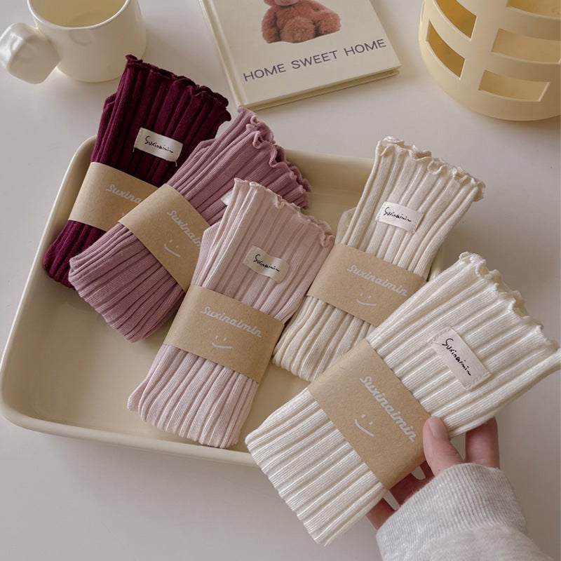 Socks Women'S New Sweet Wood-Ear Vertical Strip Pile Socks Cotton Ins Trendy Double Needle Cloth Label Zhuji Mid-Tube Socks - Image 2