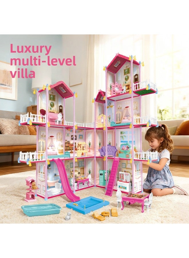 بيت الدمى - 439 قطعة + 30 سم، بيت لعب باربي، قلعة - قلعة لعب للبنات، فيلا تركيب ذاتي، إصدار بإضاءة ليلية، لعبة لعب أدوار للأطفال، هدية عيد ميلاد، مجموعة إبداعية - Image 4