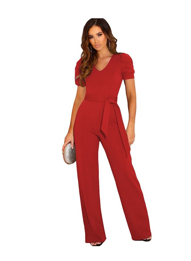 Loquat Summer New Temperament Lace-up Solid Color V-neck Short Sleeved Wide Leg Closed Waist Jumpsuit 