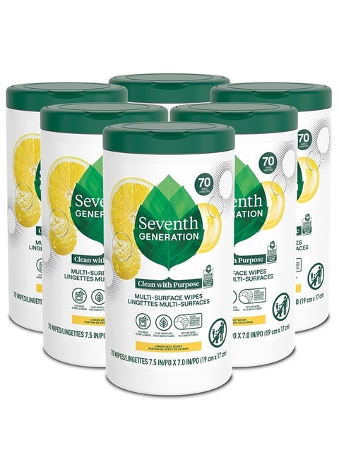 Multi Surface Wipes All Purpose Cleaning Lemon Zest scent with 100% Essential Oils and Botanical Ingredients 70 count, Pack of 6