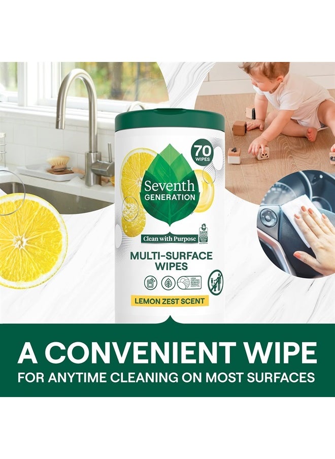 Multi Surface Wipes All Purpose Cleaning Lemon Zest scent with 100% Essential Oils and Botanical Ingredients 70 count, Pack of 6