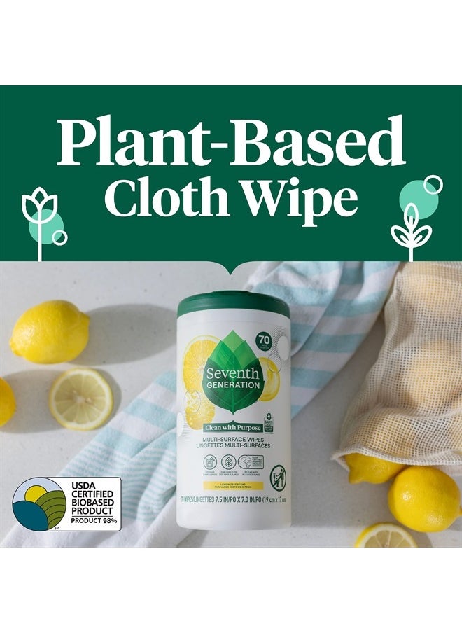 Multi Surface Wipes All Purpose Cleaning Lemon Zest scent with 100% Essential Oils and Botanical Ingredients 70 count, Pack of 6