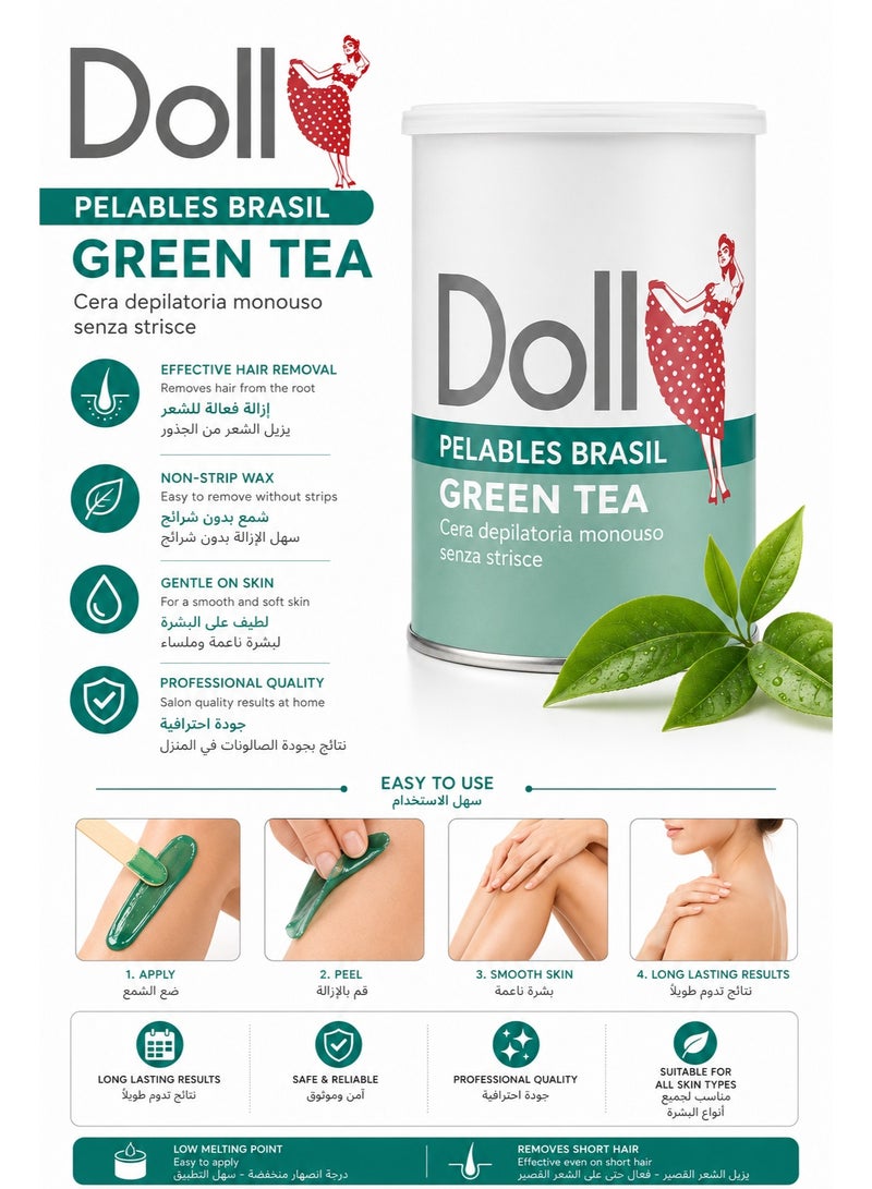 دول Doll Pelables Brasil شمع إزالة الشعر الاحترافي بدون شرائط بخلاصة الشاي الأخضر، 800 مل - Image 2
