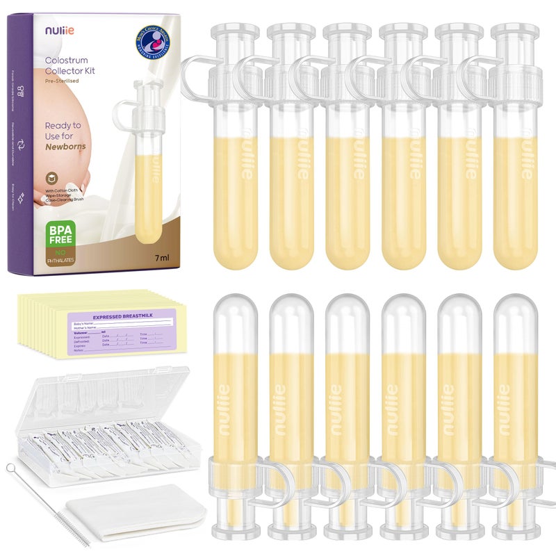 Nuliie Colostrum Collector Kit 7ml/12pcs, Leakproof, Reusable Breast Milk Collector, Heat & Freezer Resistant, BPA-Free, With Cotton Cloth Wipe, Storage Case, Cleaning Brush -Ready-to-Use for Newborns - Image 1