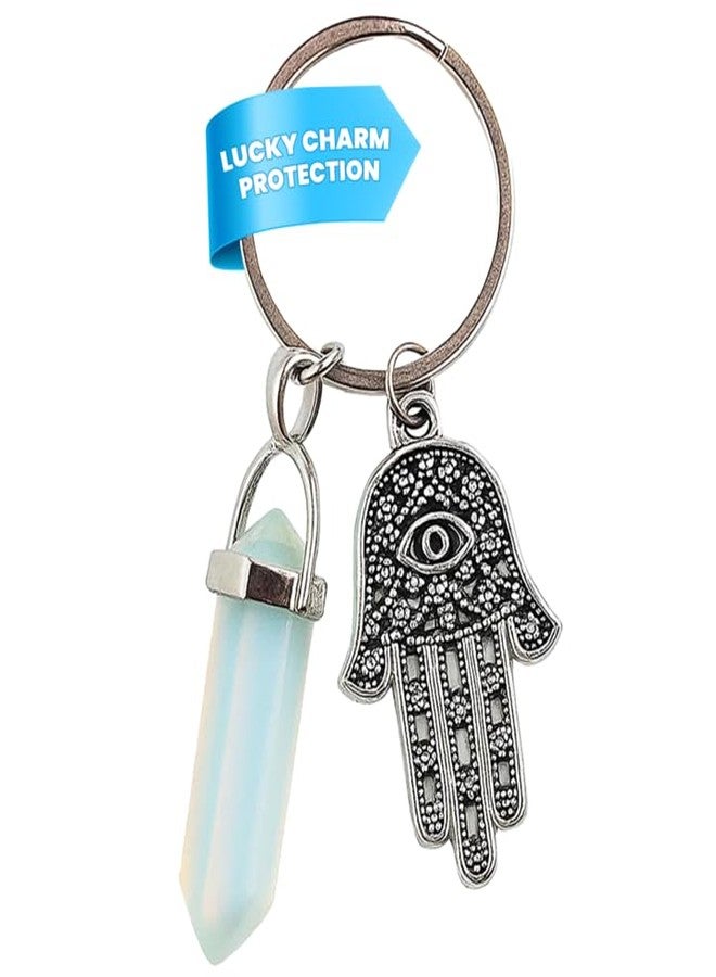 LUCKBOOSTIUM Hamsa Hand Evil Eye Charm Keychain - Protective Amulet with Gemstone - Good Luck Accessory for Car, Bag & Home - Decorative Hanging Ornament for Positive Energy & Protection - 1.5”x3” - Image 1