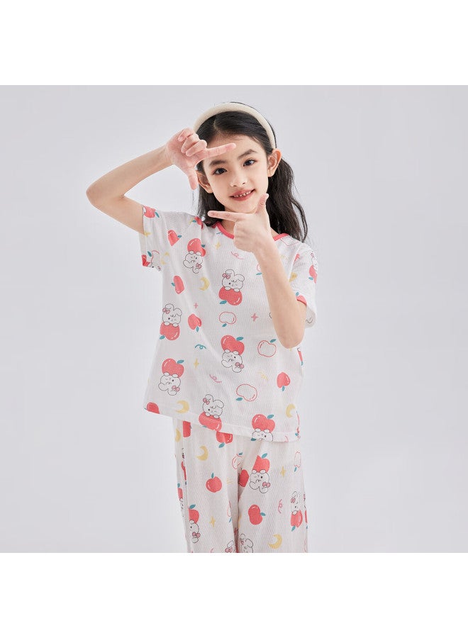 Deesha Deesha 7a Antibacterial Cotton Mesh Embroidery Girl's Thin Short Sleeve Pajama Set Soft Cotton Skin-friendly Air-conditioned Clothing - Image 3