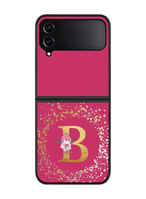 Rugged Black edge case for Samsung Galaxy Z Flip4, Soft Flexible Phone case Custom Monogram Initial Letter Floral Pattern Alphabet - B (Dark Pink Rose)