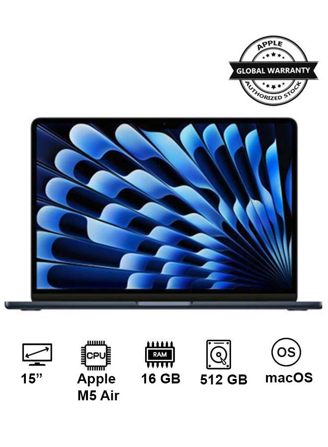 ابل  ماك بوك إير MDVH4 الجديد 2026 | شاشة 15 بوصة | آبل M5 إير | معالج 10 نواة | معالج رسومي 10 نواة | 16 جيجابايت رام | 512 جيجابايت SSD | macOS | لوحة مفاتيح إنجليزية | نسخة دولية  - Image 1