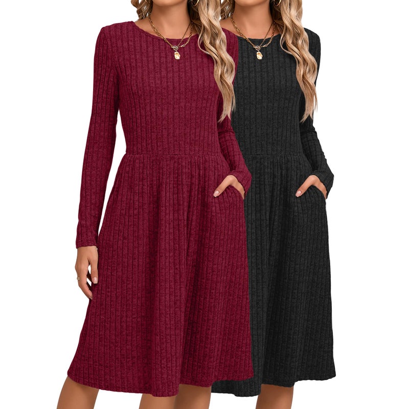 Riyiper 2 Pack Women's Long Sleeve Sweater Dress Ribbed Pleated Casual Round Neck Knee Length Dress with Pocket(Black, Wine Red,Medium) - Image 1