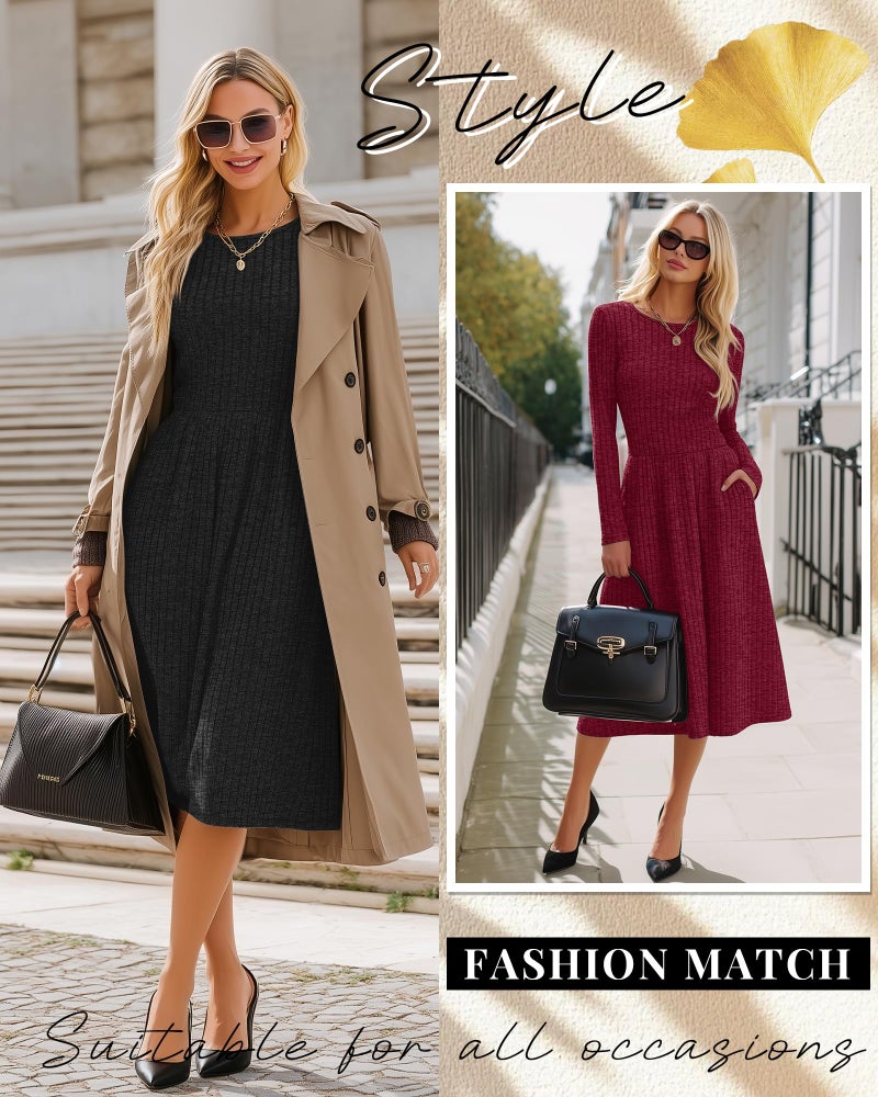 Riyiper 2 Pack Women's Long Sleeve Sweater Dress Ribbed Pleated Casual Round Neck Knee Length Dress with Pocket(Black, Wine Red,Medium) - Image 3