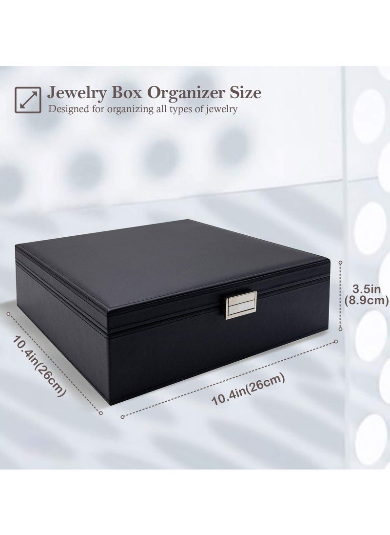 Procases - Jewelry Box for Women Girls Girlfriend Wife Ideal Gift Large Leather Jewelry Organizer Storage Case with Two Layers Display for Earrings Bracelets Rings Watches Black - Image 1