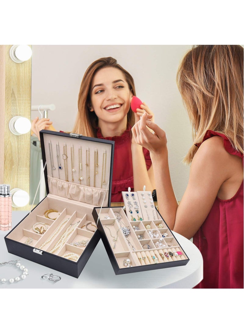 Procases - Jewelry Box for Women Girls Girlfriend Wife Ideal Gift Large Leather Jewelry Organizer Storage Case with Two Layers Display for Earrings Bracelets Rings Watches Black - Image 1