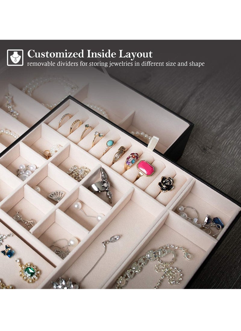 Procases - Jewelry Box for Women Girls Girlfriend Wife Ideal Gift Large Leather Jewelry Organizer Storage Case with Two Layers Display for Earrings Bracelets Rings Watches Black - Image 1